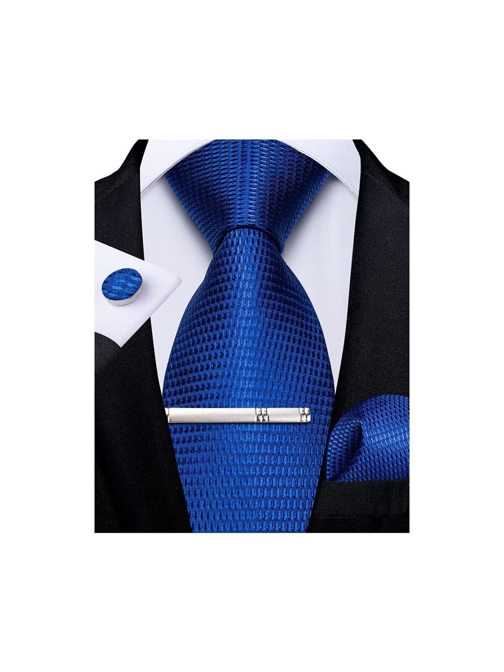 6441 Silk Necktie Solid Color Tie and Pocket Square Cufflink Tie Clip Set